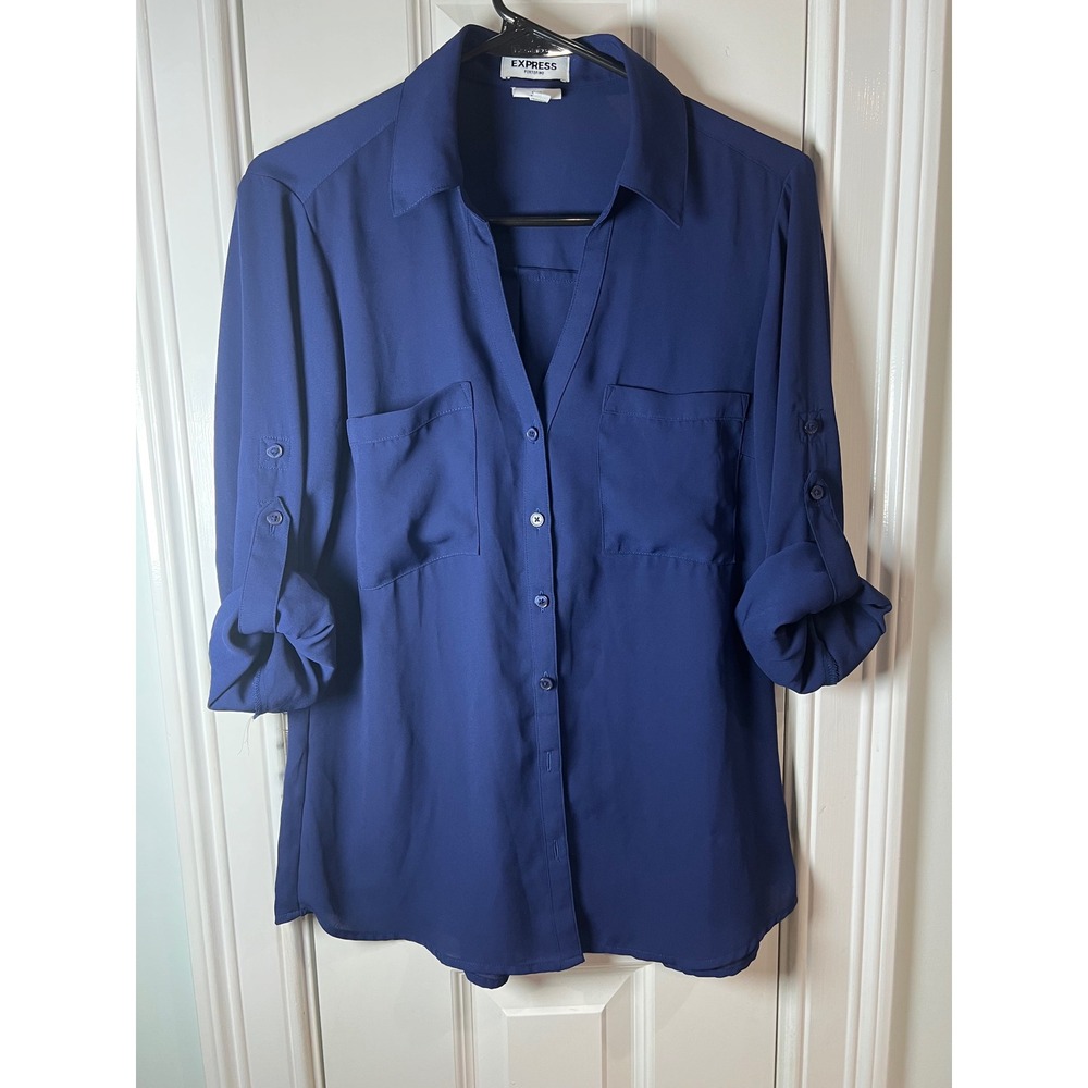 Express Portofino Slim Fit Royal Blue Roll Tab Sleeve Button Down Blouse Medium